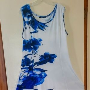 Women dress,L, sleeveless,long 57 in,white with blue flowers imprint,Lily by Fir